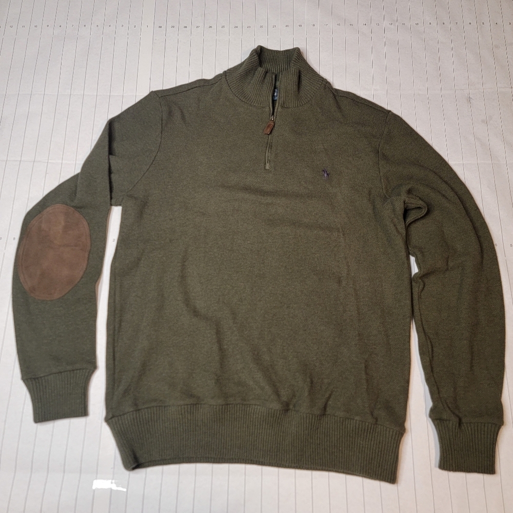 Polo Ralph Lauren Quarter Zip Sweater Pima Cotton Mens M Leather Elbows Green